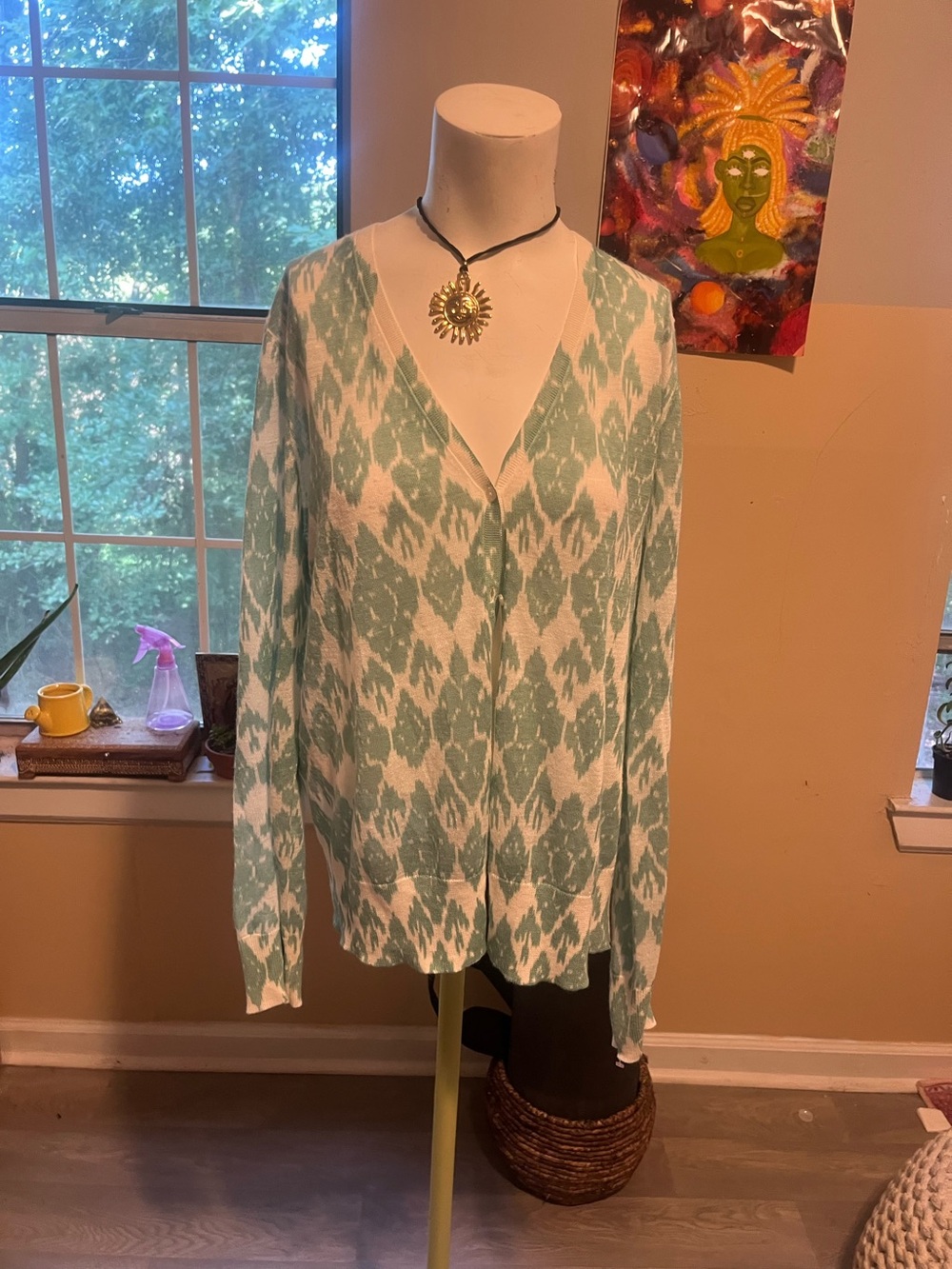 Light Green Patterned V-Neck Women's Cardigan career professional